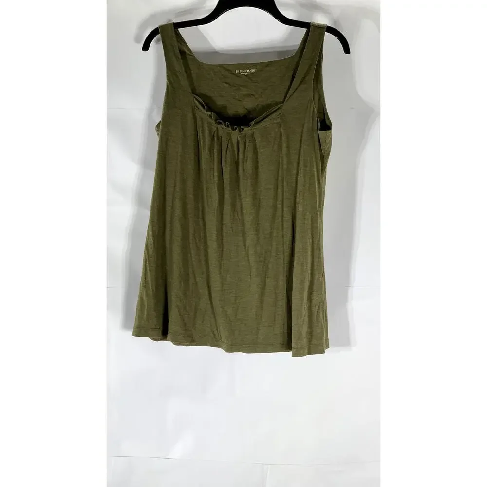 EILEEN FISHER Women's Olive Green Scoop-Neck Solid Silk-Cotton Tank Top SZ S - Picture 2 of 10